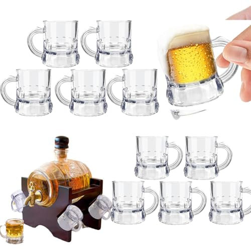 NAUXIU 10 mini tazas de cerveza de plástico, vasos de cerveza de plástico transparente de 1 onza, vasos de chupito con asas, vasos de degustación de cerveza reutilizables, vasos de jugo de whisky para