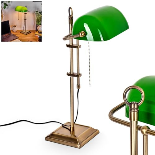 HOFSTEIN Tischleuchte Ragaz, Tischlampe aus Metall/Glas in Altmessing/Grün/Weiß, traditionelle Bankerlampe, Schreibtischlampe für Büros im Retro/Vintage-Design mit Zugnschnur, Höhe 56 cm, 1 x E27
