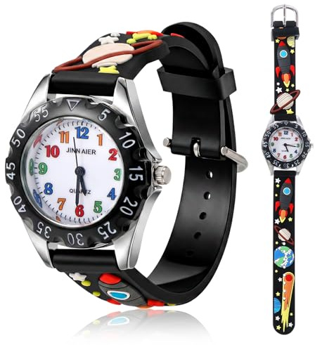 Vspek Boy's Kid's Cosmic Space Rocket Watch, Black, Silicone Strap, Quartz Movement, Analog Display for Boys Aged 6-12