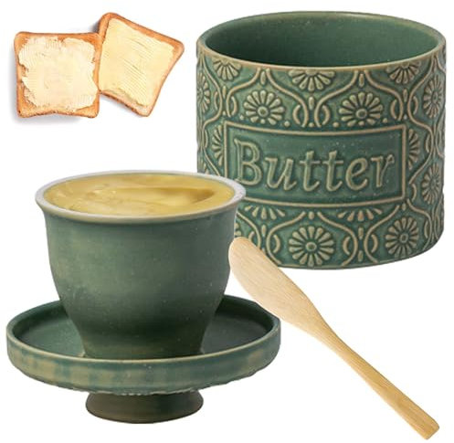 Mantequera francesa refrigerada por agua con línea de flotación, campana de mantequilla de cerámica con tapa y raspador para mantequilla fresca y untable