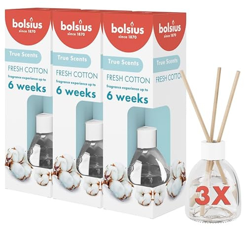 bolsius True Scents – Lot de 3 diffuseur à bâtonnets – Coton Frais – 60 ML – Diffusion Jusqu’à 6 semaines