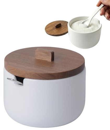 KOOK TIME Azucarero de Cerámica CURVE con Cuchara - Tarro Pequeño con Tapa de Madera de Acacia. Recipiente para Azúcar, Sal, Especias o Queso Rallado. 10.5 x 9 cm. - Blanco