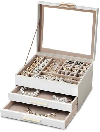 Avilia - Portagioielli Donna Ecopelle, 19 Scomparti, 2 Cassetti, 3 Livelli, Coperchio Vetro, Rivestimento in Velluto, Idea Regalo Donna Elegante, Impermeabile 23x20x13,8 cm
