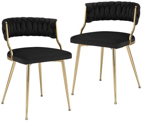 COSTWAY Velvet Dining Chair Set of 2, Upholstered Kitchen Chairs with Woven Backrest, Metal Legs & Adjustable Foot Pads, Luxurious Lounge Reception Chairs for Dining Room, Living Room, Office (Black)