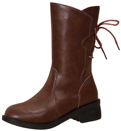 Botas de piel de moda casuales con pantorrilla media, cordones traseros y cremallera lateral. Tacón de bloque para mayor comodidad y estilo., marrón, 41 EU