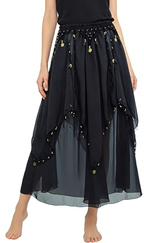 Baisdan Belly Dance Skirt with Gold Coins Chiffon Dance Skirt Belly Dance Halloween Rave Outfit Black