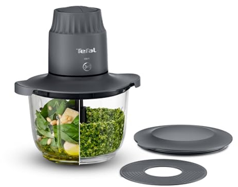 Tefal Choppeo Mini Food Processor/Chopper, XXL 2L Glass Bowl with Anti-Slip Mat, Storage Lid, 2 Speeds, 500W, Grey - MB603BG1