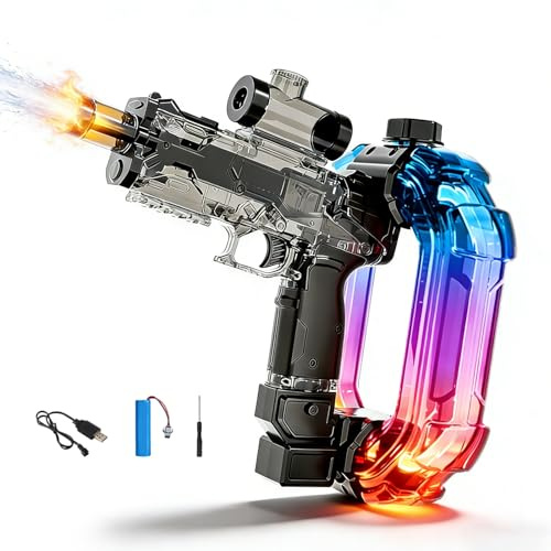 Pistola de agua eléctrica, 680 ml, pistola de agua eléctrica con luz, pistola de agua eléctrica grande con alcance de 8-10 m, pistola de pulverización automática para adultos, niños y niñas (negro)