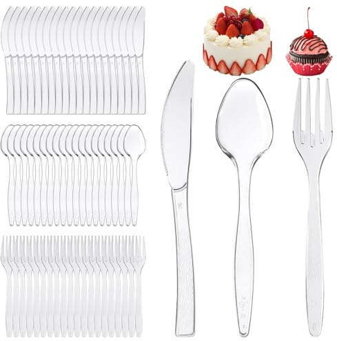 Sätt med återanvändbara bestick 150-delar - Transparenta bestick av hög kvalitet, återanvändbara festbestick, praktiska skedar för familjebruk, dessertgafflor