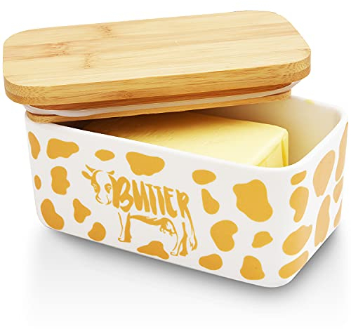 Lumicook Butter Dish with Lid, Farmhouse Cow Butter Dish, Covered Butter Holder, Two Sticks of Butter, Large Covered Tray with Bamboo Lid (Gold)
