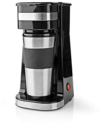 Ex-Pro Single Serve Coffee 1 Cup Maker Machine and Double Wall Insulated Travel Mug, Stainless Steel, 420ml - Silver/Black