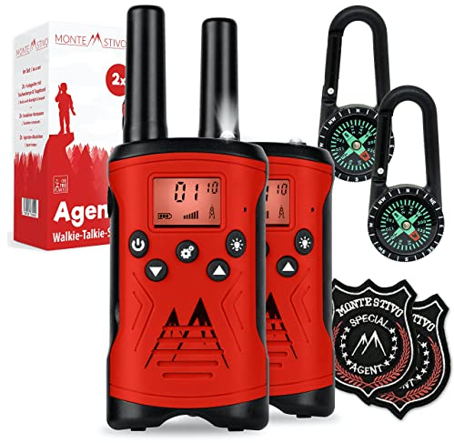 Monte Stivo® Walkie Talkie Kinder | 8-teiliges Set mit Kompass & Badge | Geschenke Kinder Outdoor Spielzeug für Junge und Mädchen