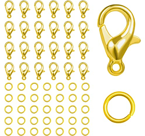 KINBOM 50 Karabinerverschluss und 120 Offenem Sprungringsatz, Magnet Halskettenverschluss Armbandverschlusse Karabinerverschluss Schmuck ((Verschluss: 12x6mm + Ring: 0,7x5mm),Gold)