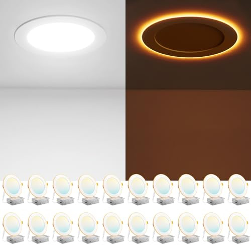 Amico 20 Pack 6 Inch 5CCT LED Recessed Ceiling Light with Night Light, 2700K/3000K/3500K/4000K/5000K Selectable Ultra-Thin Recessed Lighting, 12W=110W, 1100LM, Dimmable Canless Wafer Downlight ETL&FCC