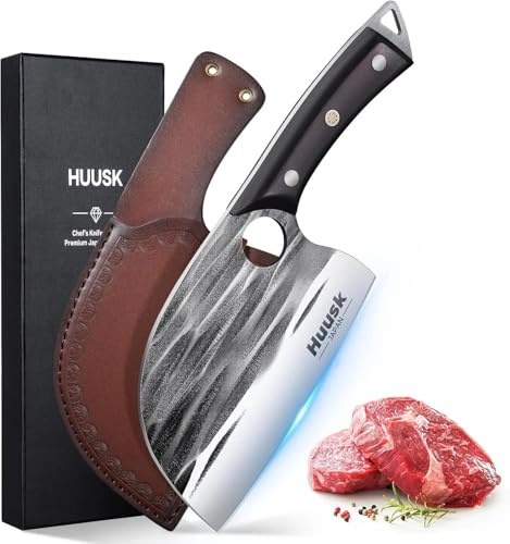 Huusk Upgraded Serbian Chef Knife - Forged Butcher Knife with Sheath, Japanese Meat Cleaver for Meat Cutting Heavy Duty Chopping Knives for Outdoor Cooking, Camping, Gifts for Men and Women