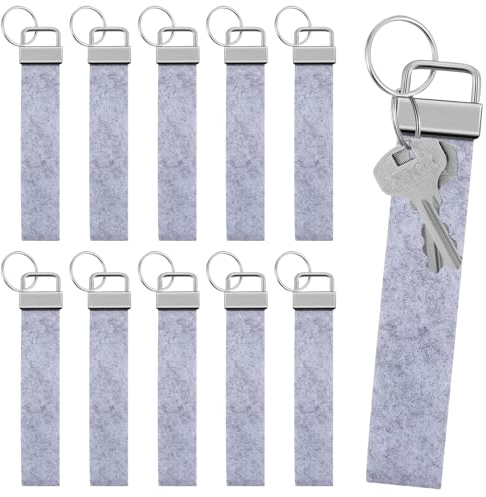 Nuenen 10 Stück 13 x 2,7 cm Filz Schlüsselanhänger mit Edelstahl Ring Filz Schlüsselanhänger zum Basteln DIY Dekoration Filzanhänger Schlüsselband Glücksbringer für Tasche Auto (Grau)