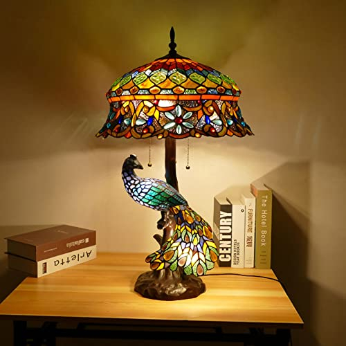 EKHOU Baroque Tiffany Style Peacock Table Lights 18-Inch Stained Glass Reading Lamp Mediterranean 5-Lights Bedside Lights Best Gifts for Living Room Bedroom Cafe Bar, E27*3+E14*2,B surprise gift