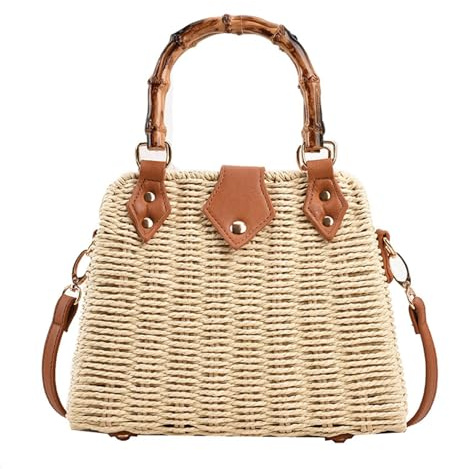 Straw Purses for Women Trendy Summer Woven Tote Bag Straw Basket Crossbody Wicker Purses and Handbags with Bamboo Handle (Beige)