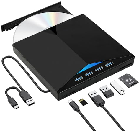 OSDUE Externes DVD CD Laufwerk, External DVD Drive mit 2 USB 3.0 & SD/TF Slots, USB 3.0 Type-C CD DVD +/-RW Brenner Optical Drive Player für Laptop,Desktop,MacBook,Win11/10/8/7/XP, Linux,Mac OS,Vista