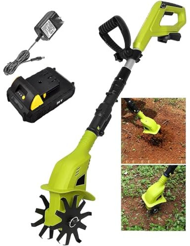 Cordless Electric Garden Tiller, Electric Garden Rotavator, Electric Powerful Soil Cultivator for Lawn, Handheld Battery Powered Rototiller, 10Cm Working Width, 25Cm Tilling Depth