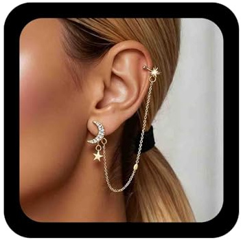 Cybche Boho Crystal Cz North star Cuff Chain Earrings Paved Moon Chain Cuff Earrings Star Cartilage Tassel Earring Gold Star Dangle Ear Clip Earring Jewelry for Women