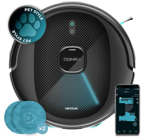 Cecotec Robot Aspirador Conga 9590 Spin Revolution Ultra Power Navegación láser Inteligente, 10.000 Pa, Máx 240 min autonomía, Mopas giratorias. Cepillo de Silicona, óptimo para Pelo de Mascotas
