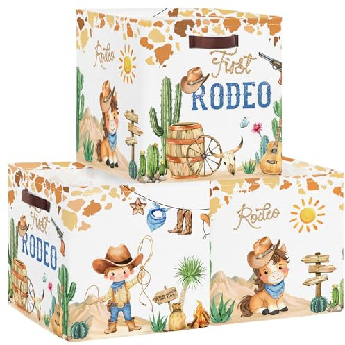 Clastyle Set di 3 Scatole Portaoggetti Cowboy Retrò Cubo di Stoccaggio per Armadio Vestiti Cesto Scaffali per Bambini Scrigno dei Giocattoli e Libri per Scuola Materna, Cavalli, 30x30x30 cm