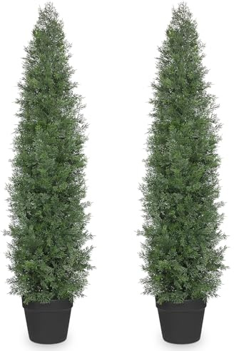 Hollyone 2 stycken konstgjorda växter cederträd 120 cm, utomhus UV skyddat konstträd formskuren, konstgjord, realistisk falska cypresväxter, buske för ytterdörr hus veranda kontor dekoration