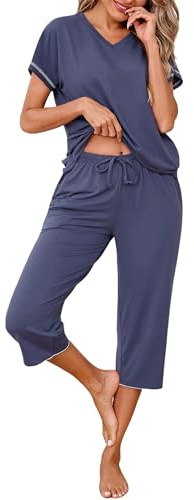 Uniexcosm Women's Pyjama Sets, Ladies Capri Pyjama Set Short Sleeve Top + Cropped Pants Comfy Pjs with Pockets Adjustable Drawstring Nightwear Sleepwear Loungewear for All Seasons Navy Blue