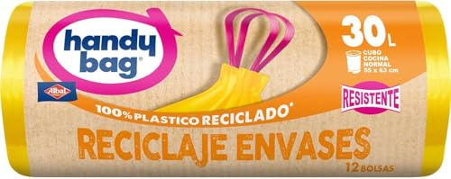 Handy Bag Bolsas de basura Reciclaje Envases - Bolsas para cubo de basura de cocina, resistentes y antigoteo, con cinta autocierre y triple capa, 100% plástico reciclado, 30L, 12 bolsas