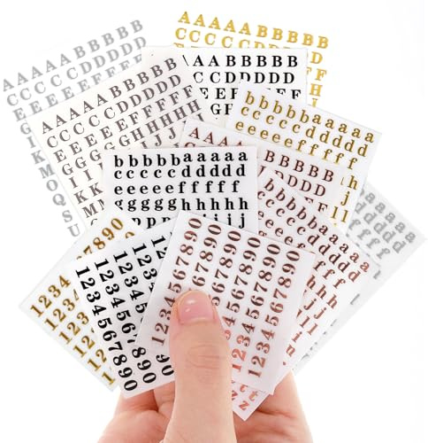 12 hojas de calcomanías pequeñas del alfabeto de 4 colores, mini números, calcomanías pequeñas autoadhesivas de letras doradas para álbumes de recortes, decoración de fundición epoxi, manualidades