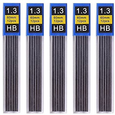 Lot de 5 recharges de mines de crayon automatique HB 0,3 mm, 0,5 mm, 0,7 mm, 0,9 mm, recharges remplaçables pour porte-mines (1,3 mm)