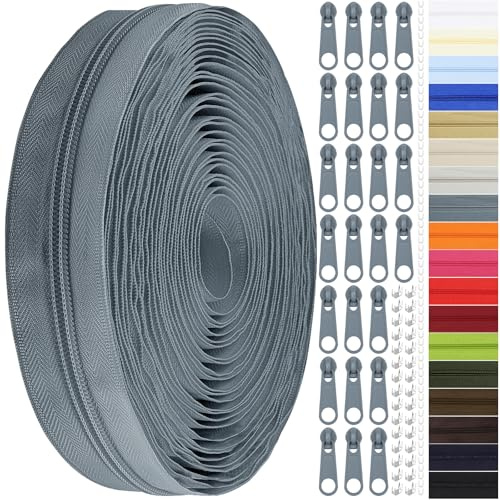 Cierre sin fin con cremallera de 3 mm, 11 m de nylon, cierre sin fin de 3 mm y 25 cremalleras de metal para ropa, bolso, estuche, ropa de cama (gris oscuro, #3)