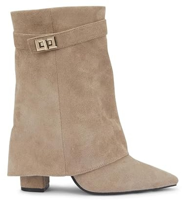 sole london LADIES Women's Ankle Fold Over Buckle Fashion Zip Pointed Block Heel Boots – Stylish Ruched Design – Comfortable Mid-Block Heel – Faux Leather & Faux Suede_TAUPE 7