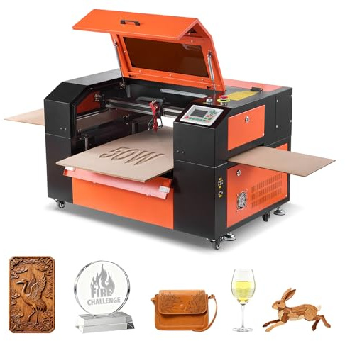 VEVOR Grabadora Láser CO2 50W, Área de Trabajo 500 x 300 mm, Máquina de Grabado Cortadora Láser con Asistencia de Aire de Paso de 4 Vías Velocidad de 600 mm/s, para Bricolaje en Madera Acrílico Cuero