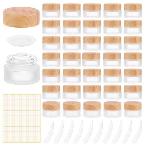 INTERWARM 36 récipient Cosmétique en Verre Pots Cosmétiques Givrés avec Cuillère Doseuse et Autocollant Contenants D'Échantillons de Maquillage de 5 gramme/0.17 oz pour Lotion Baume(Blanc)