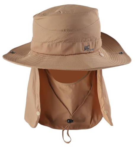 RoxNvm Sombrero Pescador Hombre, Gorra con Protector Cuello-Nuca, UPF 50+ Sombrero Hombre Verano, Doblar Unisex Sombreros para El Sol, Gorro Sol Hombre, para Cámping Pesca Caminando (Caqui)