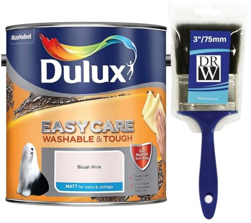 Blush Pink Dulux Easycare Matt Emulsion Paint 2.5L + 3 Emulsion Paint Brush – Washable & Stain Resistant, Durable Matt Finish, Quick Dry, Low Odour Interior Wall & Ceiling Paint