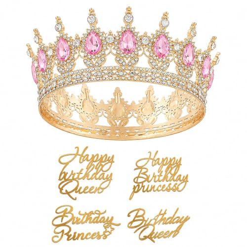 LUBEWISE Födelsedagskrona för kvinnor, med 4 Happy Birthday tårttopp, strass, tiara, krona, prinsessa, tiara, kristallkrona damer, flickor, för bal, födelsedag, fest, bröllop, tårta, dekoration