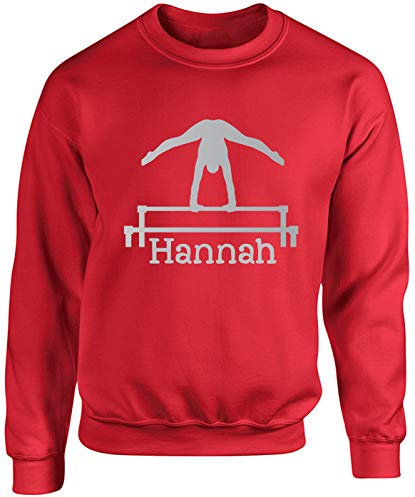 Hippowarehouse (Personalised Name Gymnastics bar Unisex Jumper Sweatshirt Pullover (Specific Size Guide in Description) Red