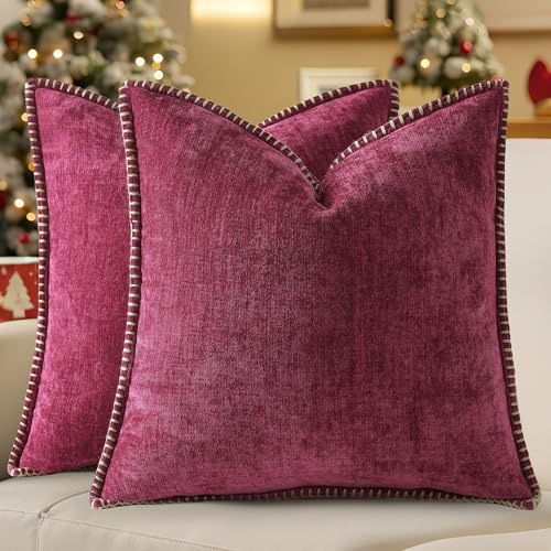 decorUhome Spring Chenille Soft Cozy Throw Pillow Covers 22x22 Set of 2, Modern Farmhouse Boho Velvet Decorative Euro Sham Pillow Cases with Stitched Edge for Couch Sofa Bed Home Decor, Rhododendron