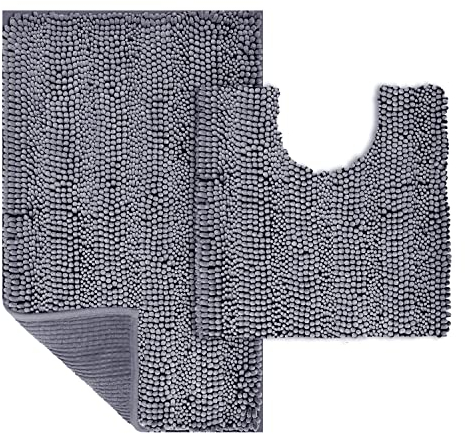 WAITER TREE Badematten Set Dunkelgrau Badteppiche rutschfeste 50x80cm U-förmige Kontur WC Teppich 50x50cm Badteppich Hochwertige Mikrofaser Chenille Teppich Weicher Waschbar Badteppich