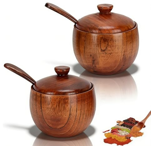Cyrank Wood Salt or Spice Box with Cover and Spoon,Salt Pepper Spice Box Cellars Salt and Pepper Pots Condiment Container Seasoning Box Set,Wooden Spice Jar,Seasoning Container Cooking Utensil