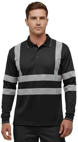 DURUS WORKWEAR High Visibility Long Sleeve Reflective T-Shirt Plain & Two-Tone Polo Work Top Black