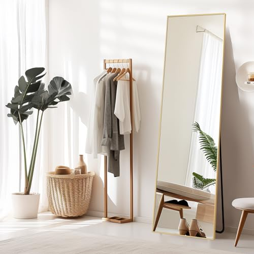 Melodieux Espejo de pie Cuerpo Entero 147x44 cm de Cuerpo Entero Marco de Aluminio Dorado de tocador para Dormitorio Espejo montado en la Pared para Sala de Estar