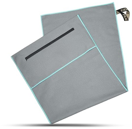 PEAQUE Fitness-Handtuch mit Reißverschluss-Tasche und Umschlag - aus Mikrofaser mit Struktur - rutschfest & kompakt - Sport-Handtuch für Fitnessstudio (Grau/Türkis, 100x40 cm)