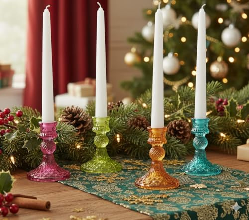 Glass Candlestick Candle Holders Coloured Jewel Wedding Christmas Dinner Table & Event Decor, Set of 4 (Colours)
