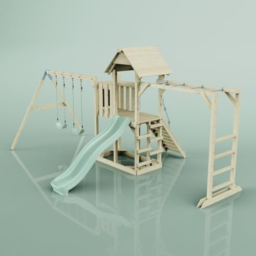 Rebo Klettergerüst aus Holz mit Wellenrutsche | Outdoor Spielturm mit Doppel-Kinderschaukel, Hangelstangen, Plattform und Kletterseil