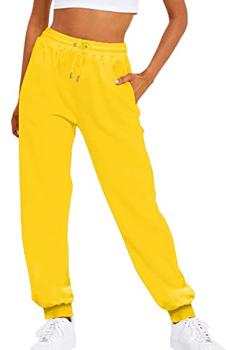 2024 – Damen einfarbig elastische Kordel Lässiger Bund Fleece Jogginghose Skihose Stretch, gelb, Medium