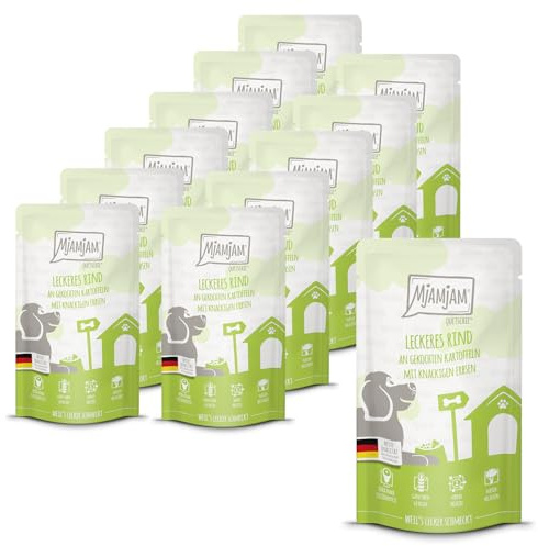 MjAMjAM - Nourriture humide premium pour chiens - Quetschie - viande de bœuf savoureuse accompagnée de pommes de terre cuites et de petits pois croquants, pack de 12 (12 x 125g)